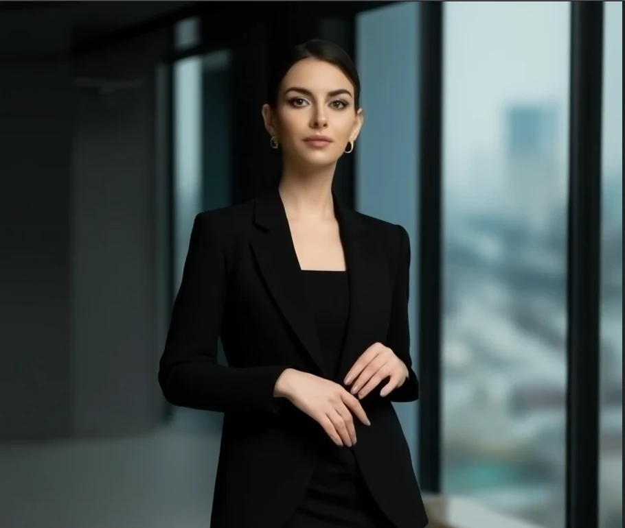 Femme portant une robe noire élégante et structurée pour aller au travail avec un blazer professionnel