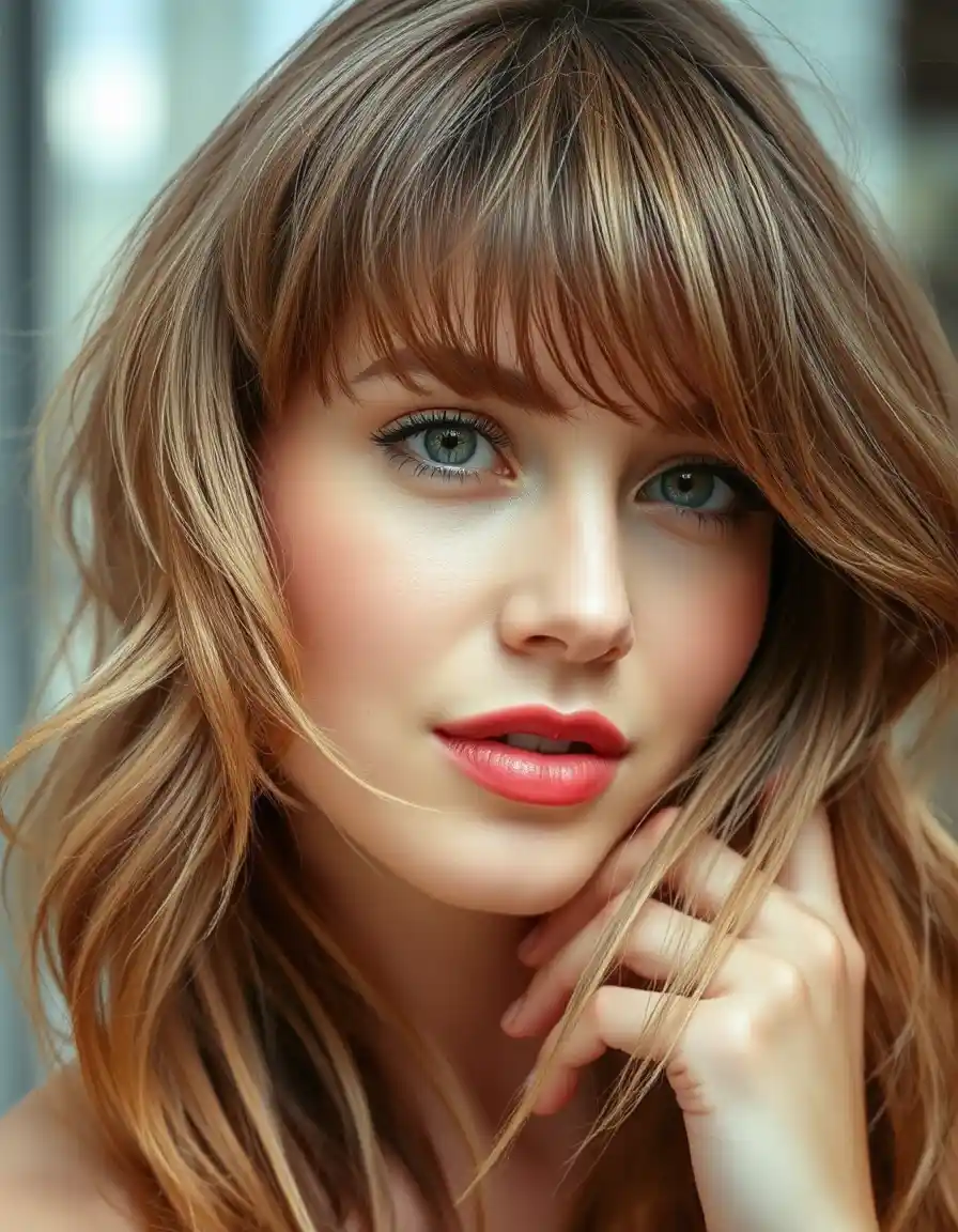 Femme cheveux châtains. Magnifique frange rideau.