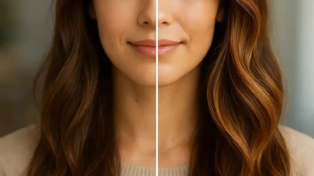 Image montrant sur la gauche des cheveux bruns sans teintes et à droite les mêmes cheveux avec un balayage miel.