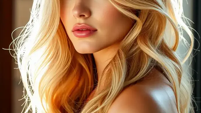 Femme aux cheveux longs ondulés blonds avec balayage miel lumineux, reflets dorés naturels, peau claire et lumineuse