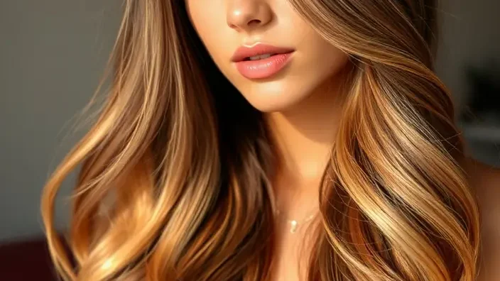 Femme aux cheveux longs ondulés châtains avec balayage caramel chaud, reflets doré-cuivré naturels, peau mate olive, yeux marron foncé