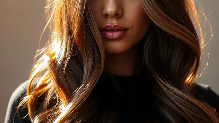 Femme aux cheveux longs ondulés très foncés avec balayage caramel profond, reflets cuivrés intenses, peau foncée lumineuse