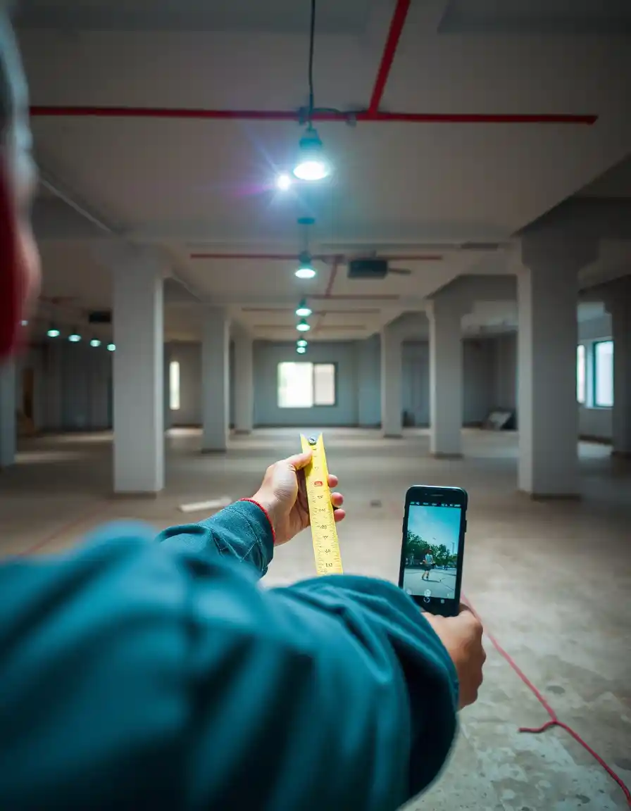 Personne mesurant la surface taxable afin d'utiliser le simulateur de taxe d'aménagement du gouvernement