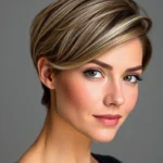 Femme avec une coupe courte moderne élégante, légèrement effilée, style contemporain, visage rond, look confiant et naturel.