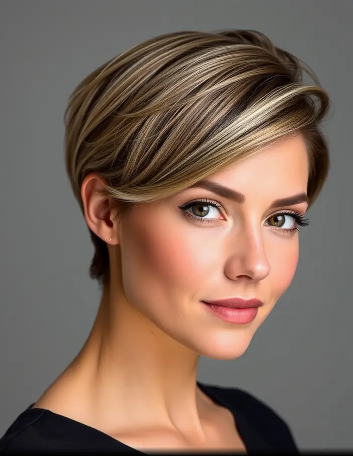Femme avec une coupe courte moderne élégante, légèrement effilée, style contemporain, visage rond, look confiant et naturel.