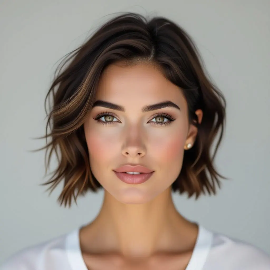 Femme avec une coupe courte effilée moderne et hyper stylée 2026, cheveux texturés, look confiant et tendance.