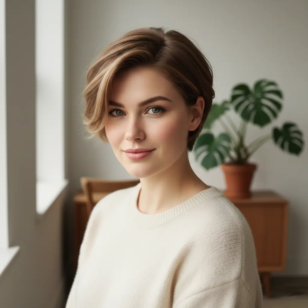 Femme avec une coupe courte moderne adaptée à un visage rond, cheveux légÚrement effilés, style élégant et contemporain.