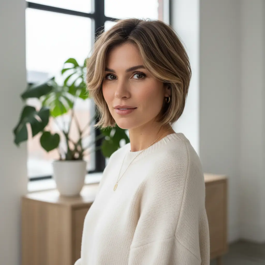 Femme avec une coupe courte moderne 2026, cheveux texturés et effilés, style contemporain et tendance, look confiant.