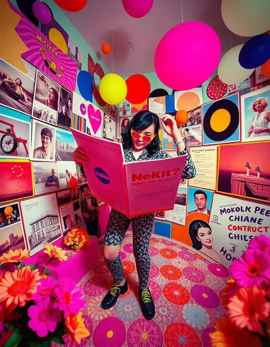 Jeune femme dans une piÚce ambiance popart se posant des questions sur les informations présentes sur forum construire.