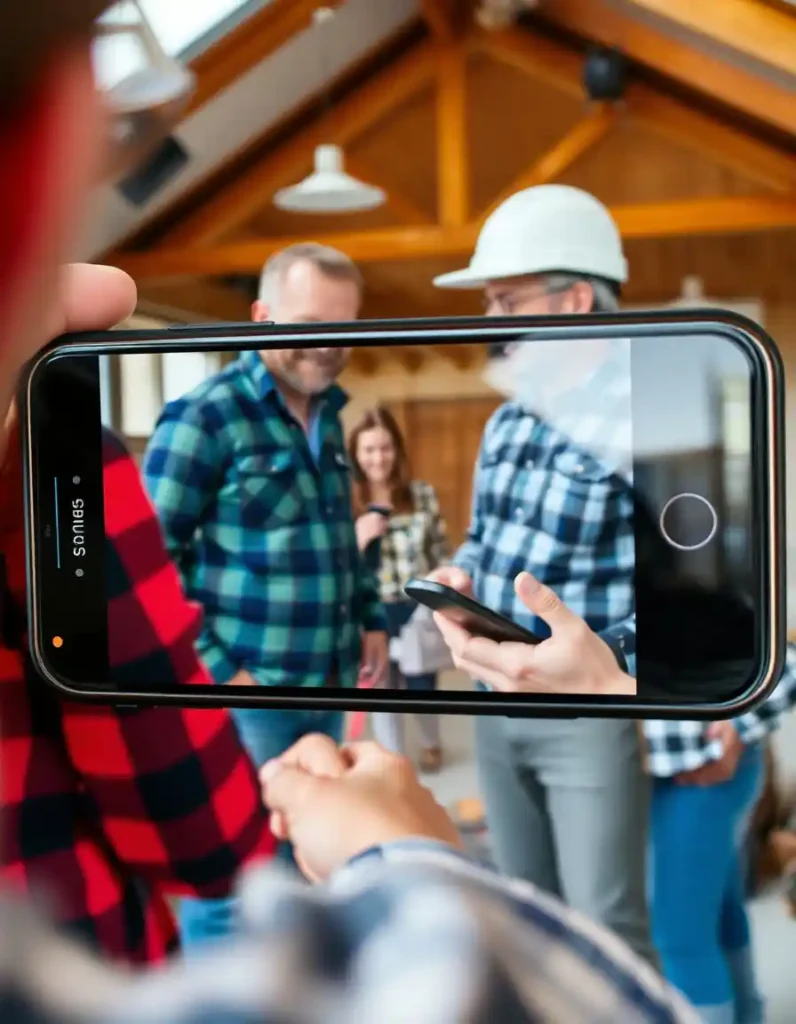Ouvriers sur un chantier pris en photos avec un smartphone