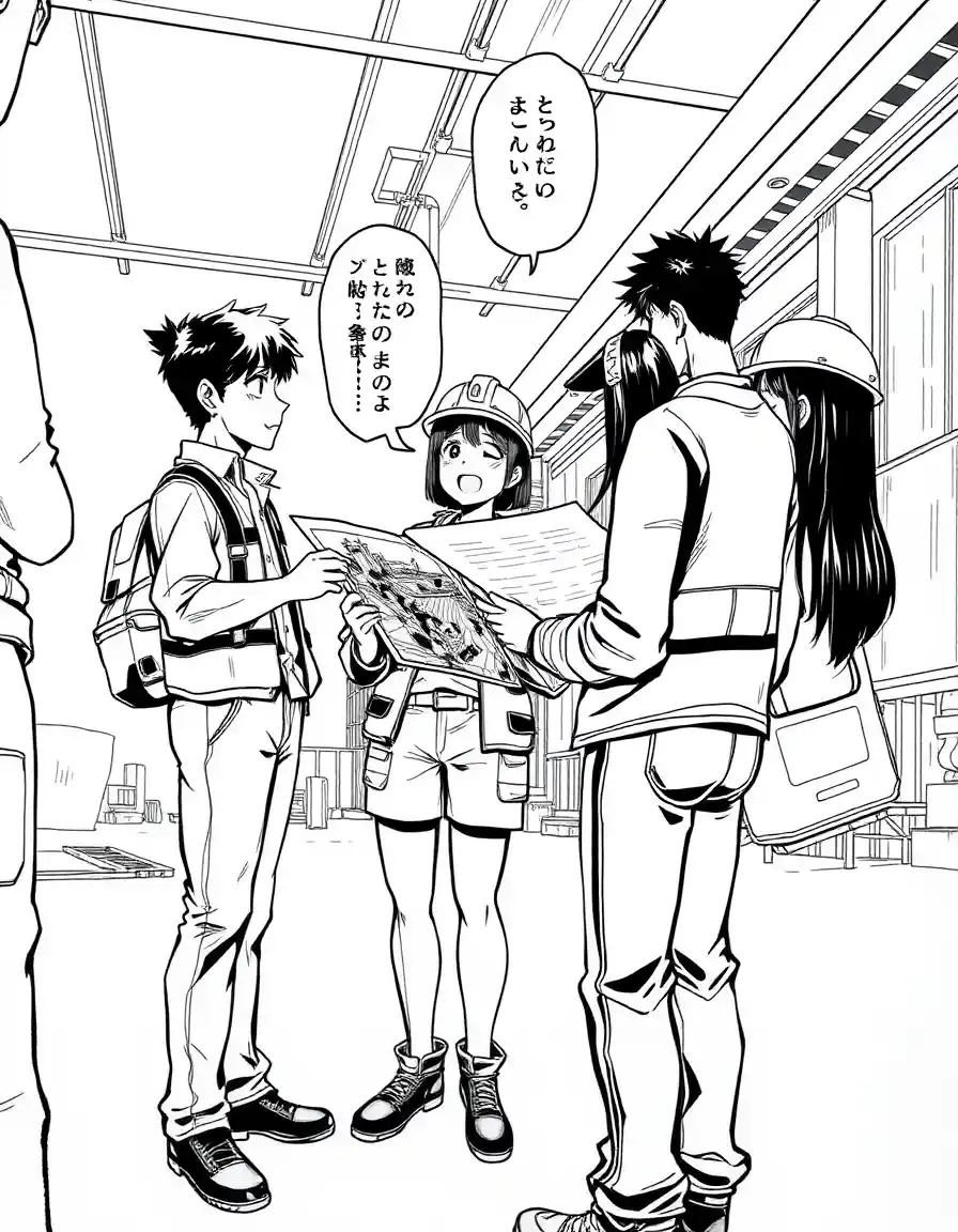 Image manga montrant des ouvriers sur un chantier