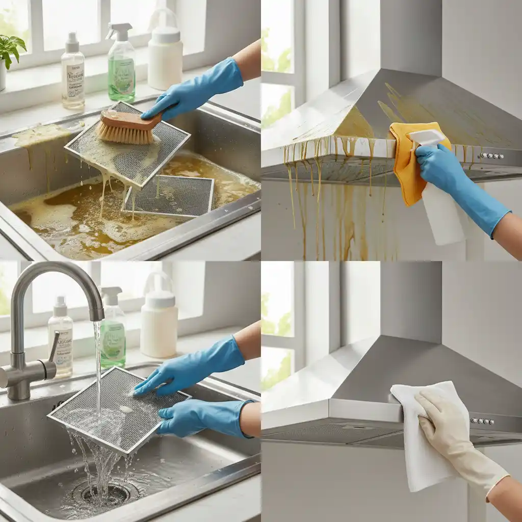 Nettoyage d'une hotte de cuisine avec filtres à graisse en trempage et dégraissage de la structure