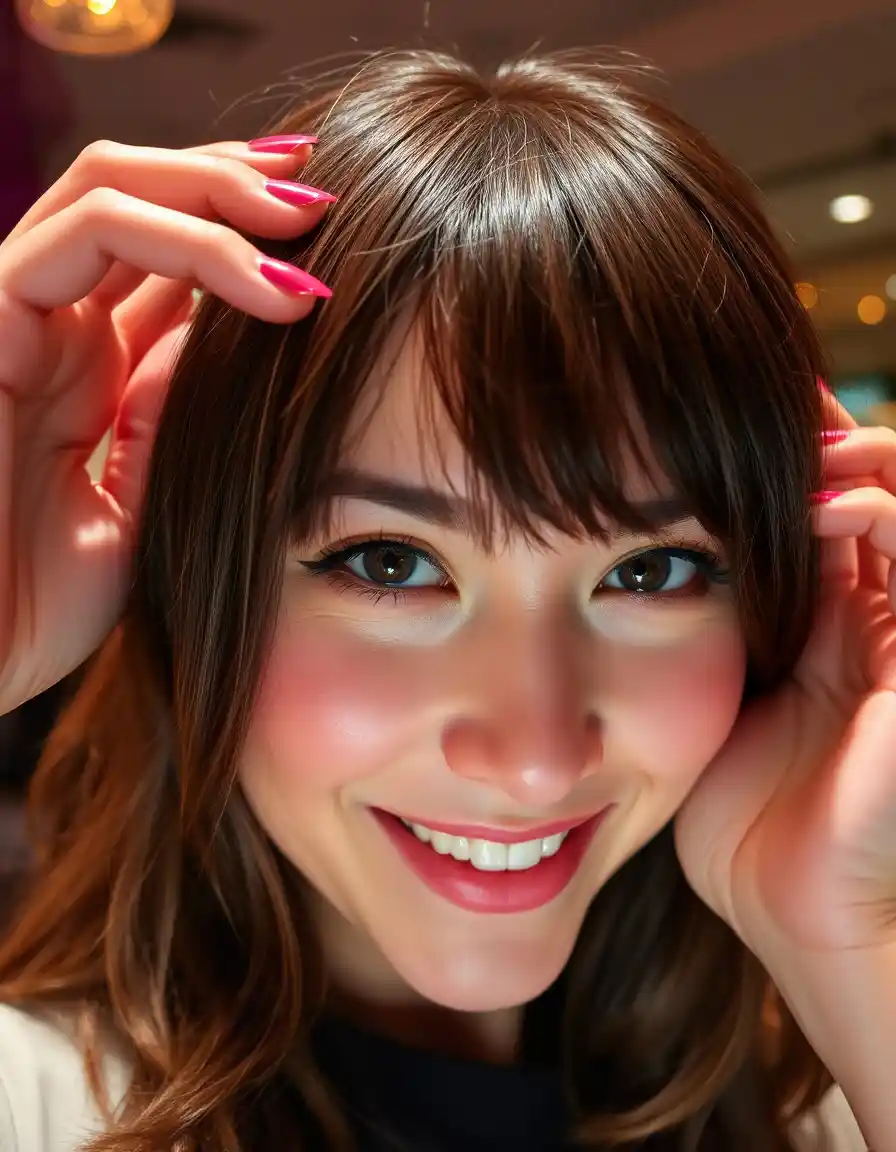 Jeune femme coiffée avec une frange rideau lors d'une soirée.