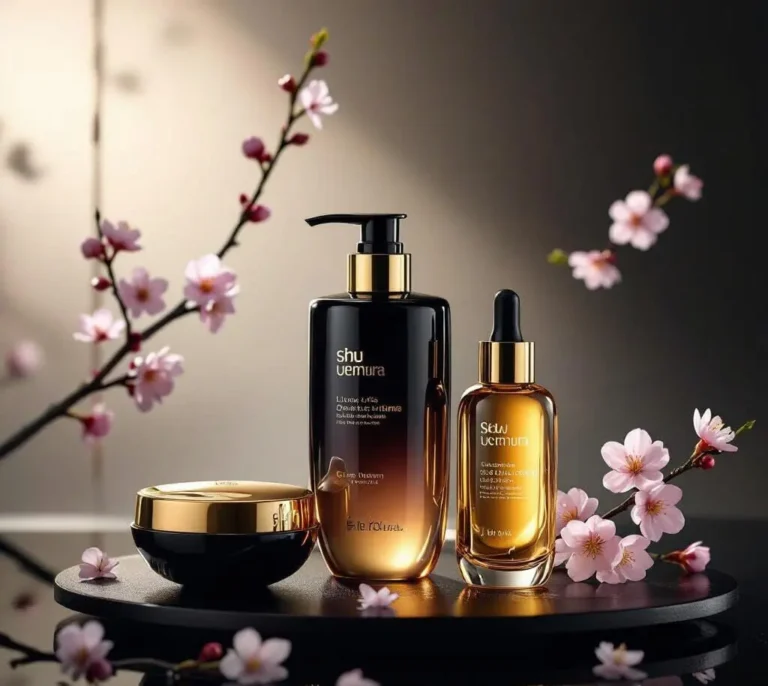 Produits capillaires phares Shu Uemura, dont l'huile Essence Absolue, le shampooing Ultimate Reset et les soins Silk Bloom, présentés dans un style japonais élégant