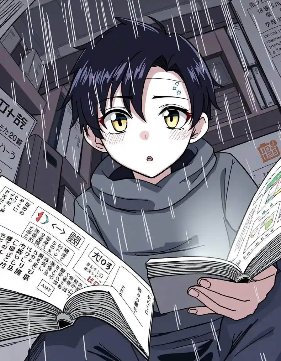Dessin style manga montrant un jeune homme faisant des recherches dans des journaux