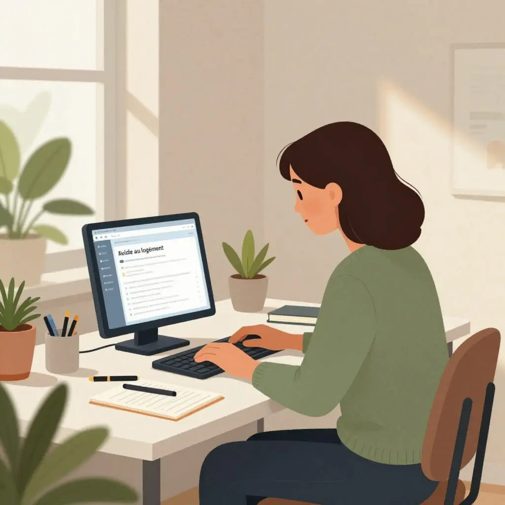 Personne utilisant un ordinateur pour réaliser une simulation APL en ligne avec documents et calculatrice sur le bureau.
Style Flat Design.