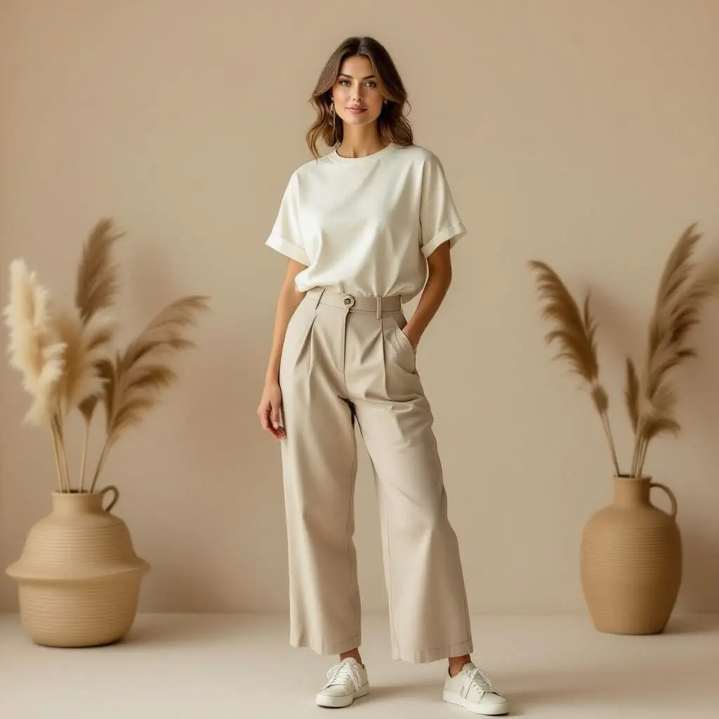 Femme portant un pantalon femme décontracté ample avec t-shirt oversize et ceinture fine, look casual chic avec baskets et accessoires élégants