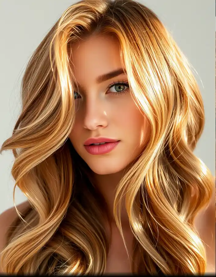 Femme aux cheveux longs ondulés avec balayage caramel chaud, reflets doré-cuivré naturels, teint de peau clair