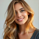 Femme avec balayage cheveux moitié miel moitié caramel, reflets lumineux adaptés aux teints clairs et mats