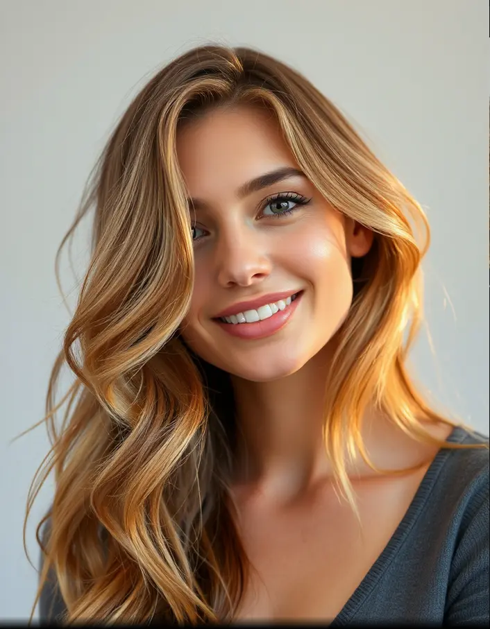 Femme avec balayage cheveux moitié miel moitié caramel, reflets lumineux adaptés aux teints clairs et mats