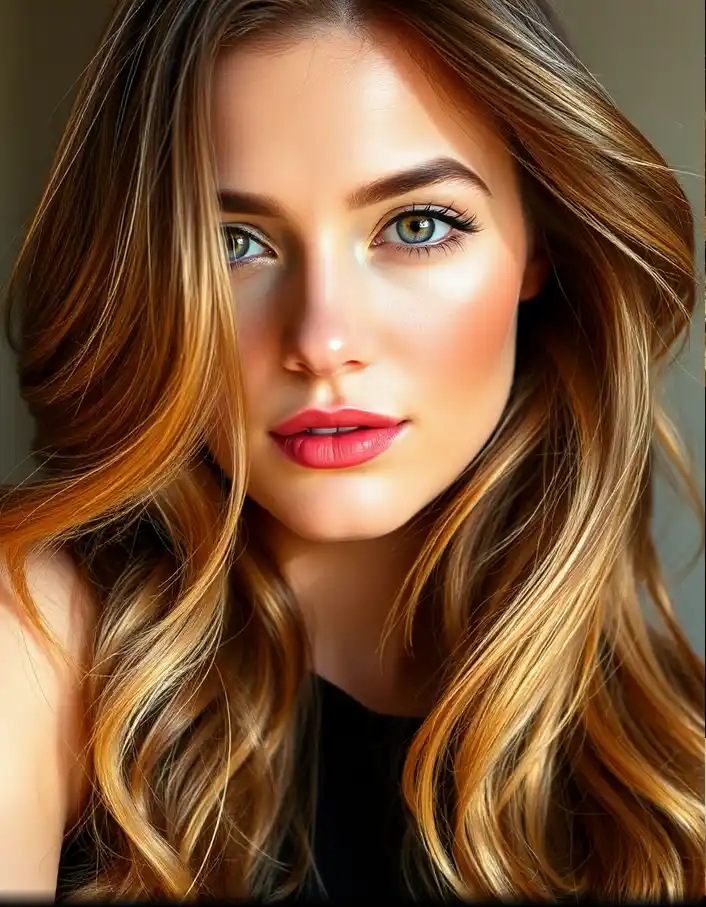 Femme aux cheveux longs ondulés avec balayage miel lumineux, reflets dorés naturels, teint de peau clair et lumineux