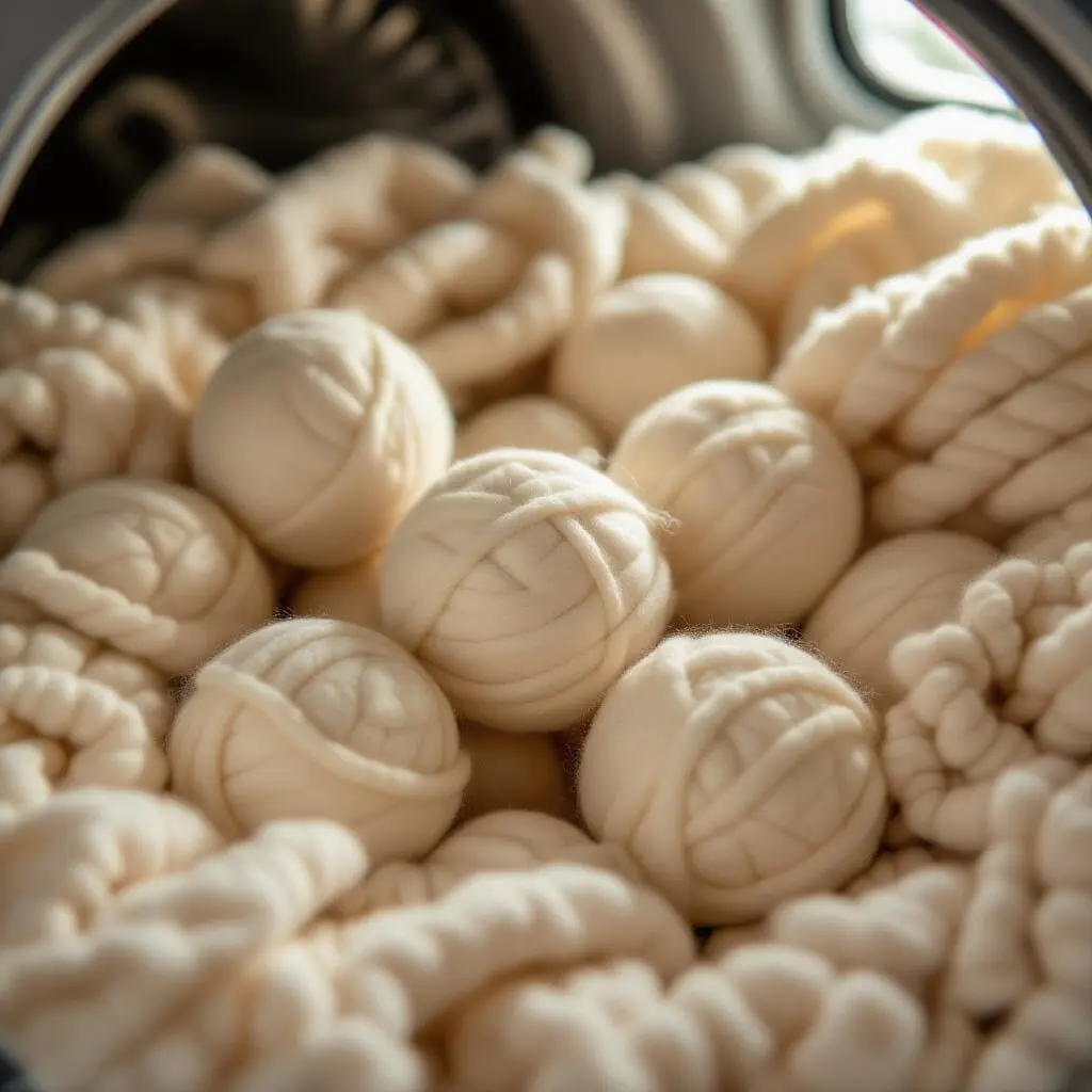 Gros plan sur des balles de séchage en laine naturelle séparant le linge à l’intérieur d’un sèche-linge
