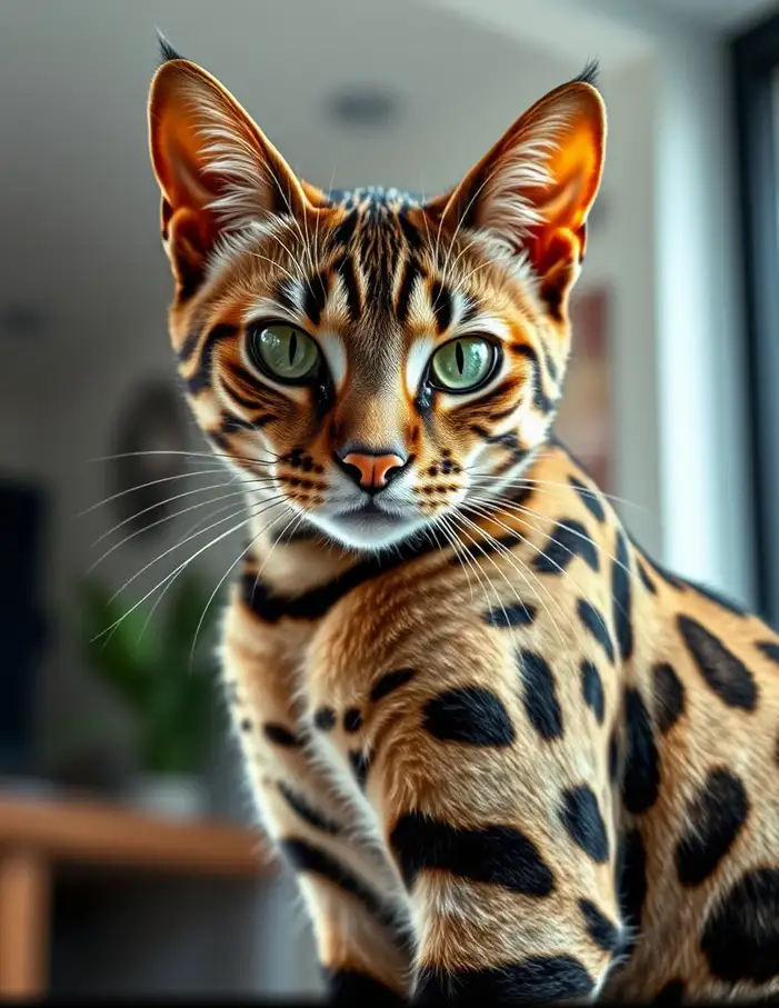 Chat Bengal au pelage tacheté rappelant le léopard, race domestique élégante et énergique