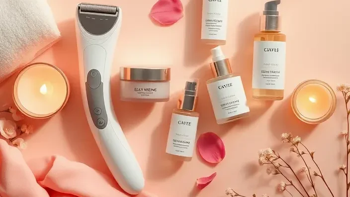 Produits de beautĂ© et bien-ĂȘtre Ă©lĂ©gants comprenant un Ă©pilateur 3-en-1, des soins hydratants et des accessoires spa sur un fond pastel.