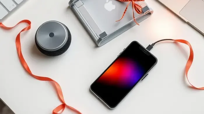 Sélection de cadeaux high-tech modernes, incluant un haut-parleur Bluetooth, un support pliable pour ordinateur et un chargeur sans fil sur un bureau minimaliste.