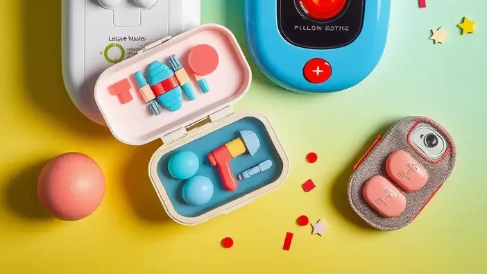 Accessoires de loisirs originaux tels quâune machine de boxe murale musicale et un kit de manucure pour bĂ©bĂ© dans une composition dynamique.