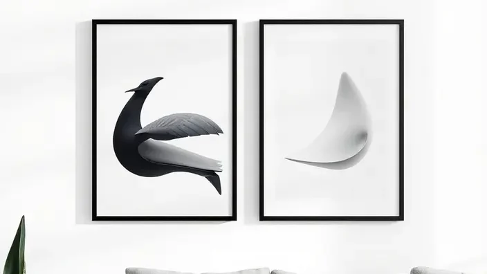 Mur minimaliste avec deux cadres photos décoratifs noirs et blancs, décoration épurée et moderne, espace harmonieux et lumineux.
