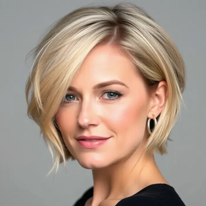 Femme avec un Carré court texturé, mÚches effilées et volume naturel, look moderne et stylé.