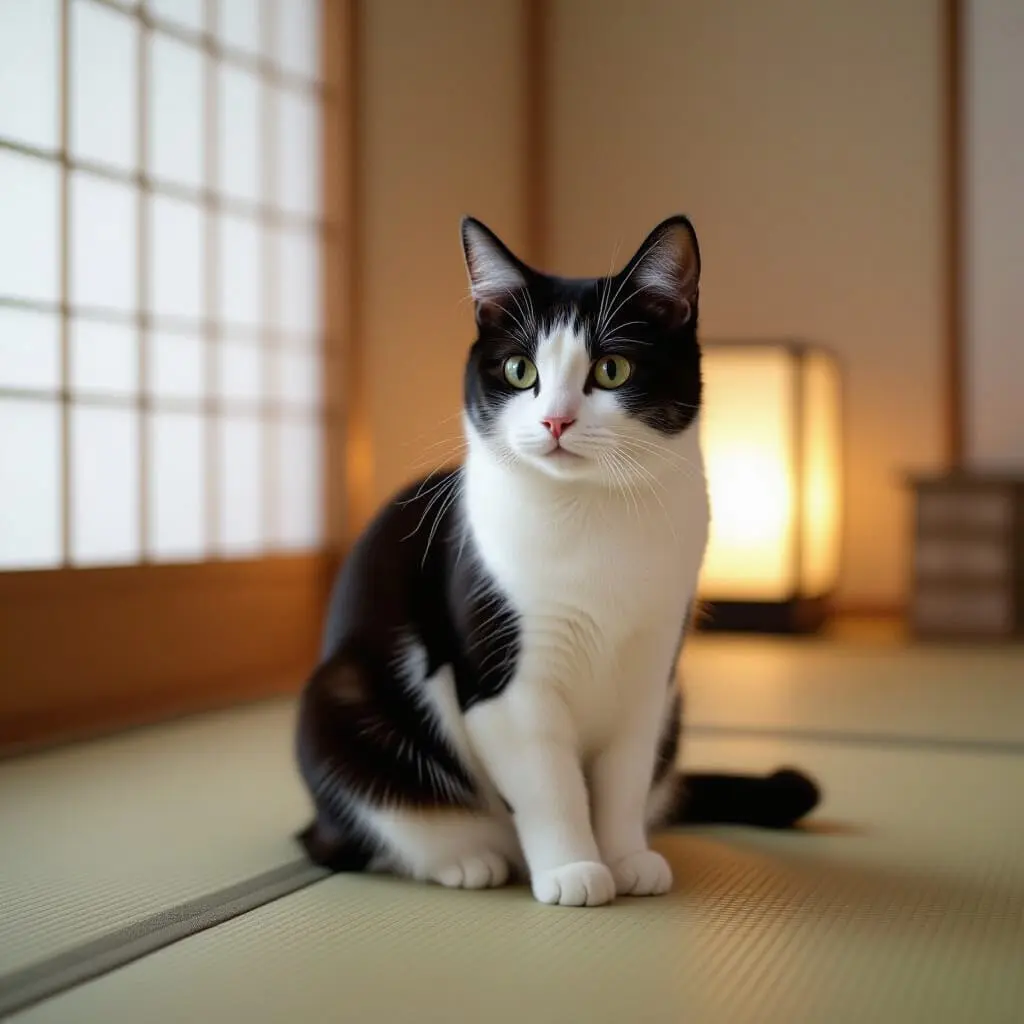 Chat Japon élégant inspiré du Japanese Bobtail, félin domestique au style raffiné
