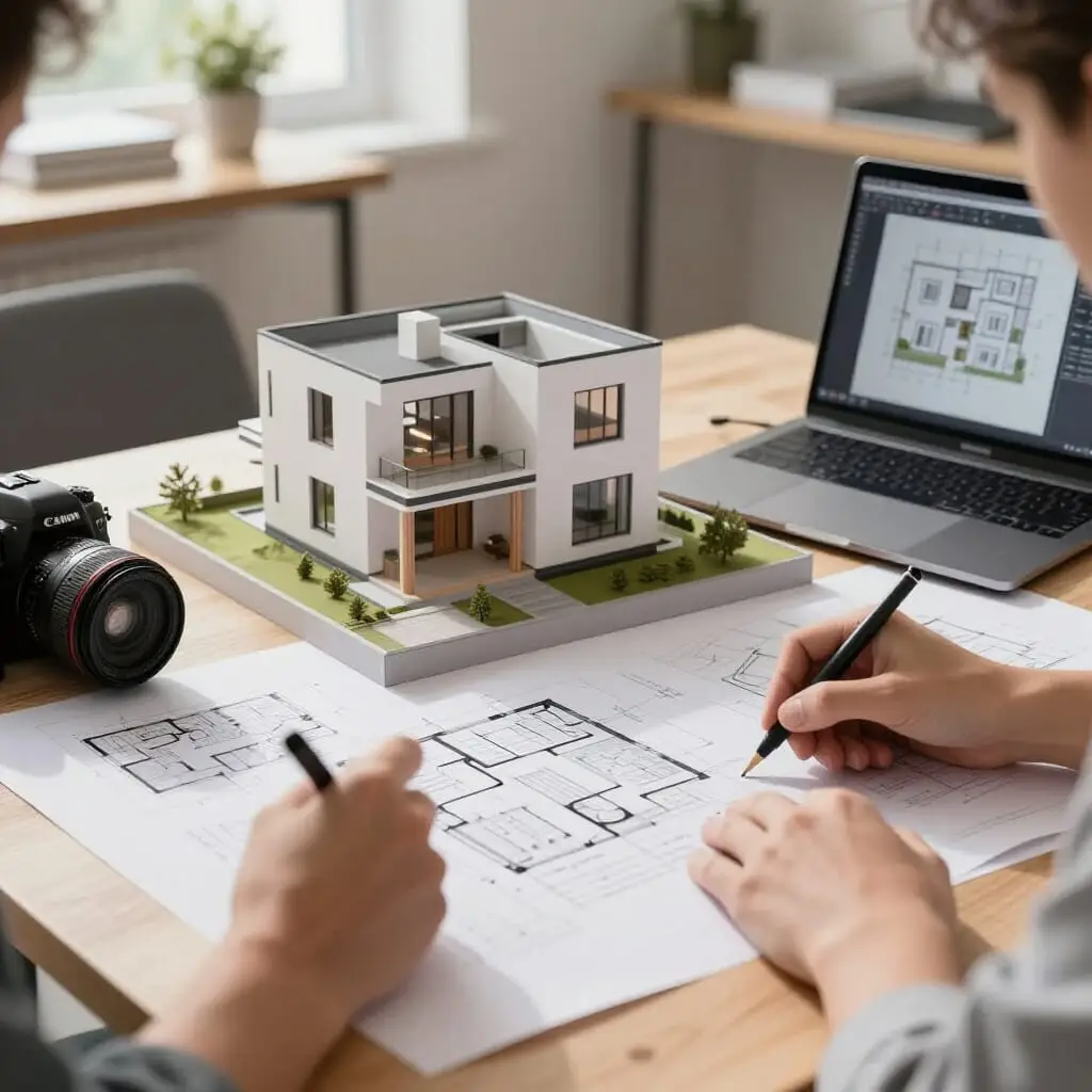 Architecte et propriétaires en train de concevoir un plan fonctionnel de maison avec plans et maquette