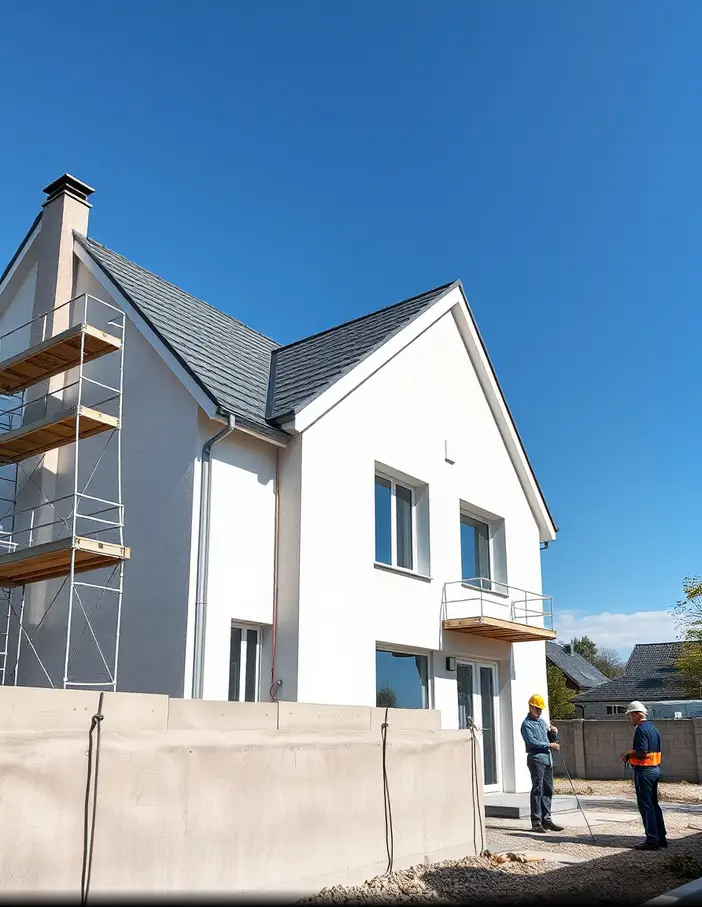 Construction d’une maison individuelle avec artisans sur chantier et structure en cours de réalisation