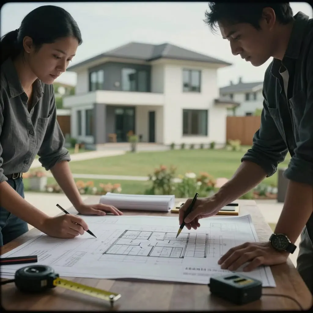 Phase prĂ©paratoire dâun projet de construction avec plans, outils de mesure et documents de sol