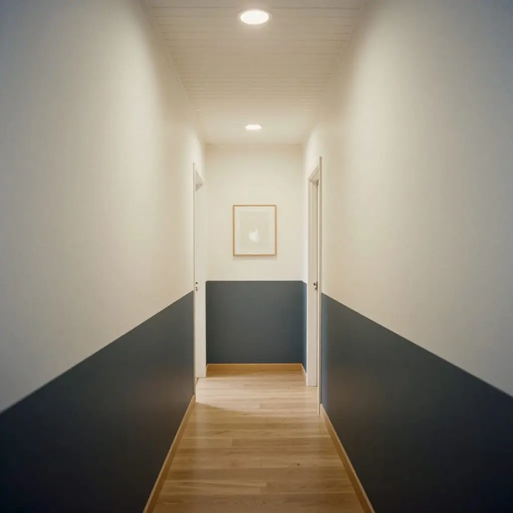 Couloir étroit avec peinture bicolore blanche et anthracite, plafond clair et lignes horizontales pour agrandir visuellement l'espace, décoration murale minimaliste
