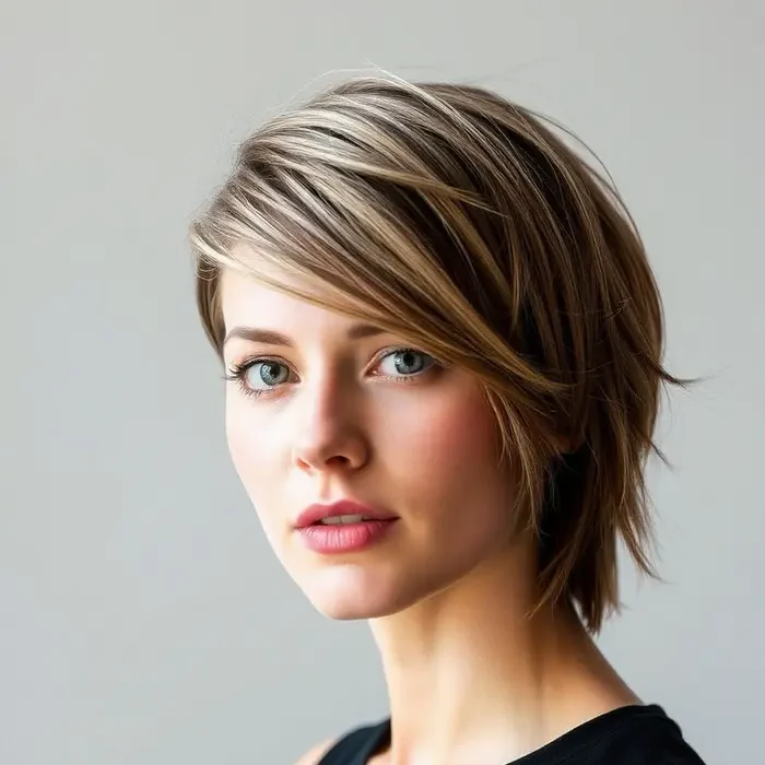 Femme avec une coupe courte asymĂ©trique, plus longue dâun cĂŽtĂ©, cheveux texturĂ©s et style moderne audacieux.