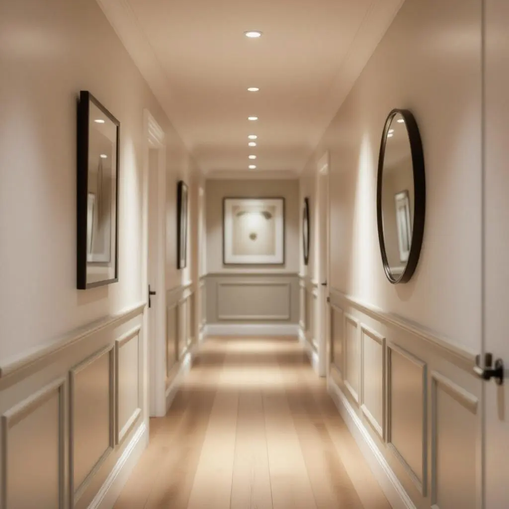 Couloir étroit décoré avec peinture bicolore, plafond clair, lignes graphiques et miroirs pour agrandir visuellement l'espace et optimiser la décoration