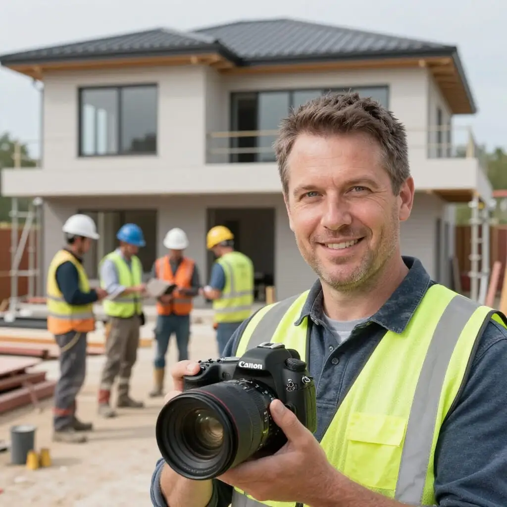 Ăquipe de professionnels sur un chantier de maison individuelle, architecte supervisant et artisans au travail