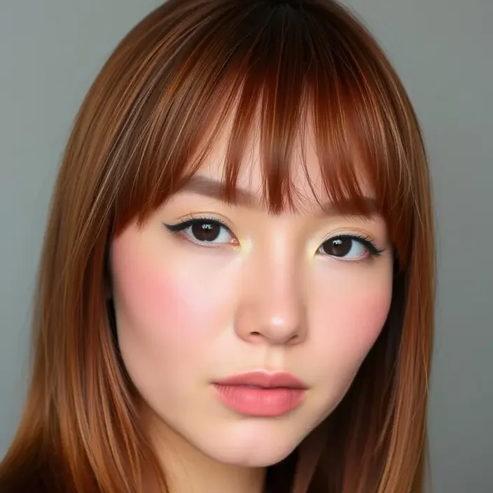 Femme avec frange rideau et visage rond, cheveux mi-longs châtain, maquillage naturel, regard doux