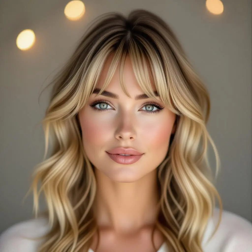 Femme avec frange rideau et balayage, cheveux mi-longs ondulés, reflets lumineux, maquillage naturel