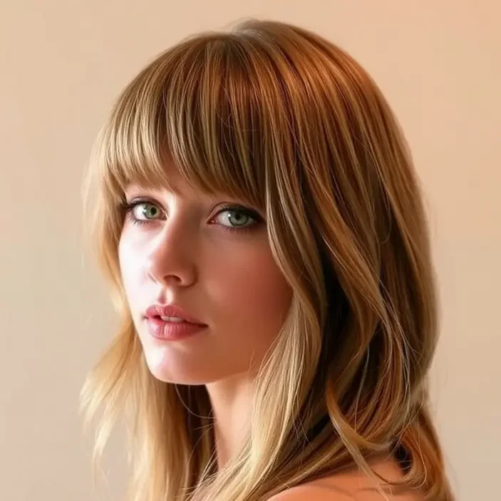 Femme avec frange rideau effilée, cheveux mi-longs, coiffure en couches douces, maquillage naturel