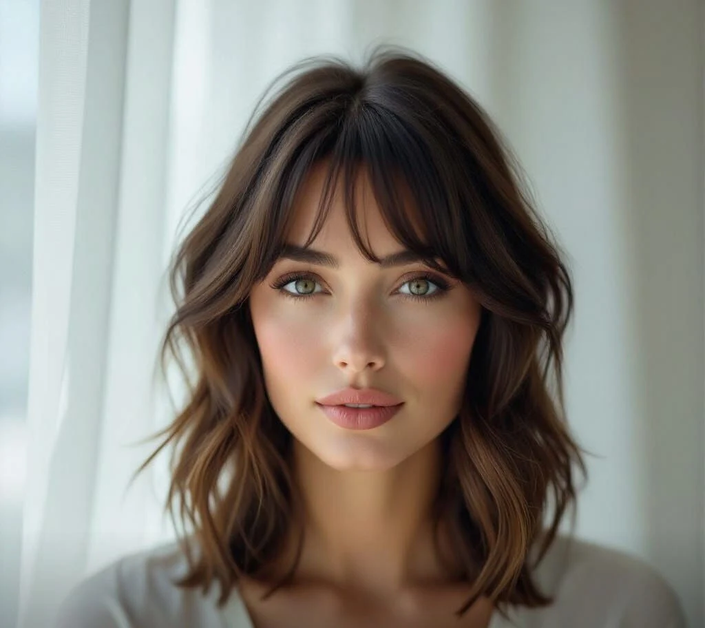 Femme avec une frange rideau encadrant son visage, cheveux mi-longs et style élégant