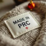 Étiquette de vêtement vue de près avec 'Made in PRC' 🇨🇳, textile et couture détaillés, qualité et origine indiquées