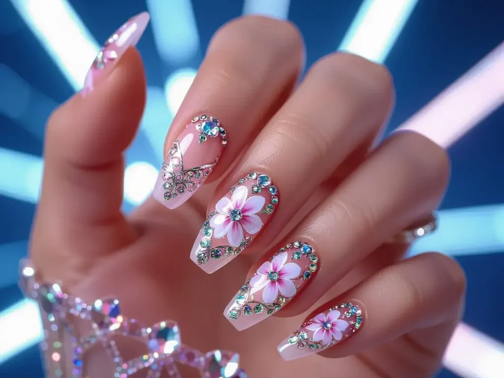 Main féminine avec ongles décorés en nail art détaillé, motifs floraux et géométriques, strass et paillettes, vernis gel brillant