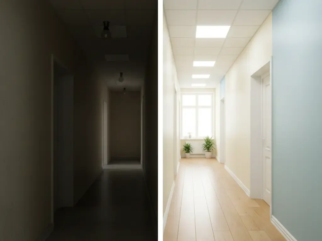 Couloir étroit avant et après peinture : transformation avec des couleurs claires et lumineuses pour agrandir visuellement l'espace