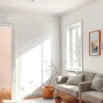 Peinture sur papier peint intissé dans un salon lumineux, rouleau et pot de peinture, rénovation murale facile et décoration intérieure moderne