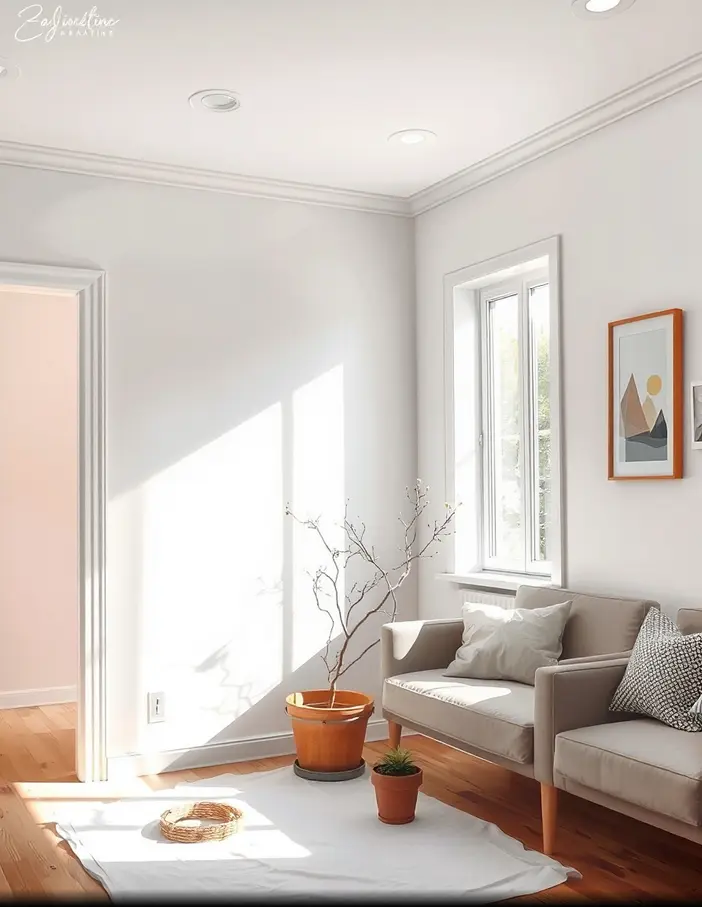 Peinture sur papier peint intissé dans un salon lumineux, rouleau et pot de peinture, rénovation murale facile et décoration intérieure moderne