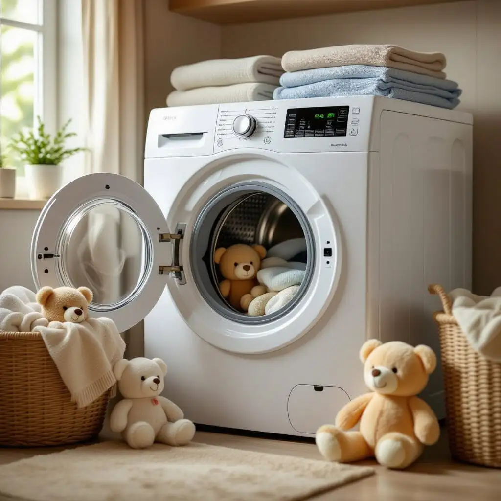 Peluches textiles en tissu doux utilisées dans un sèche-linge comme alternative aux balles de tennis pour assouplir le linge